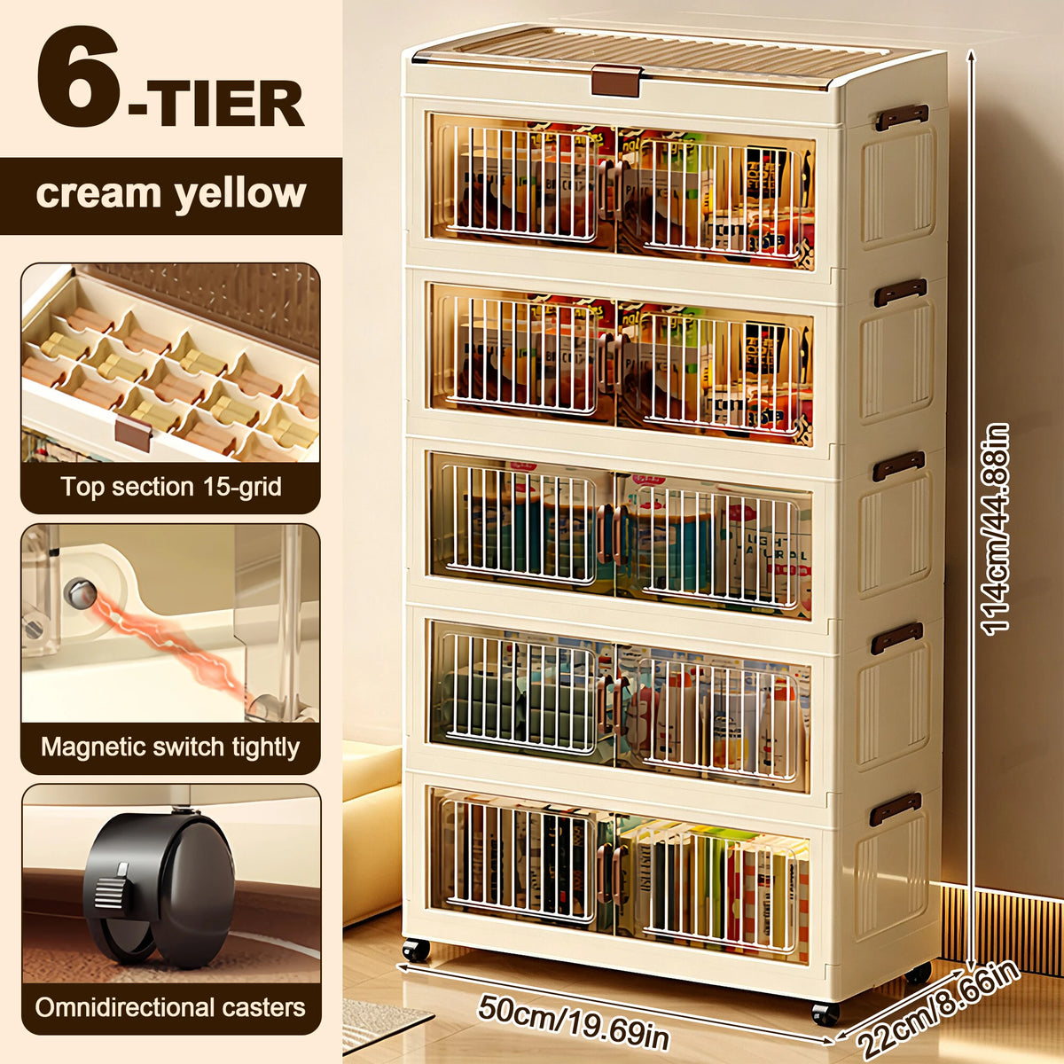 50cm Wide Foldable Storage Cabinet Home Cabinet With Wheels Magnetic Door Home Bedroom Kitchen Plastic Storage Cabinet