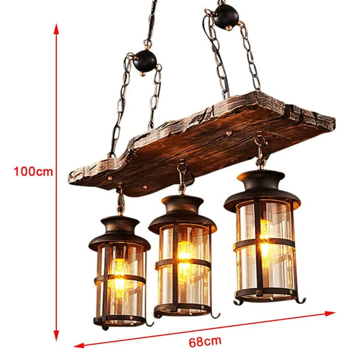 3 Light Industrial Wooden Hanging Lighting with Glass Shade Black Metal Chandelier Farmhouse Vintage Pendant Lamp E27/E26 for for Living Room Dining Room Kitchen Island Bar (Bulbs Not Included)