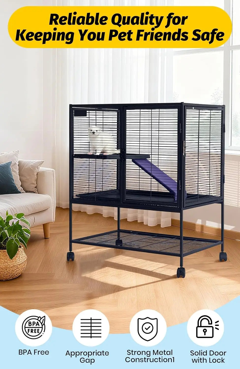 39" Multi-Level Metal Small Animal Cage – Large Ferret & Hamster Enclosure with Ramp, Storage Stand & Removable Tray for Chinchilla, Rabbit