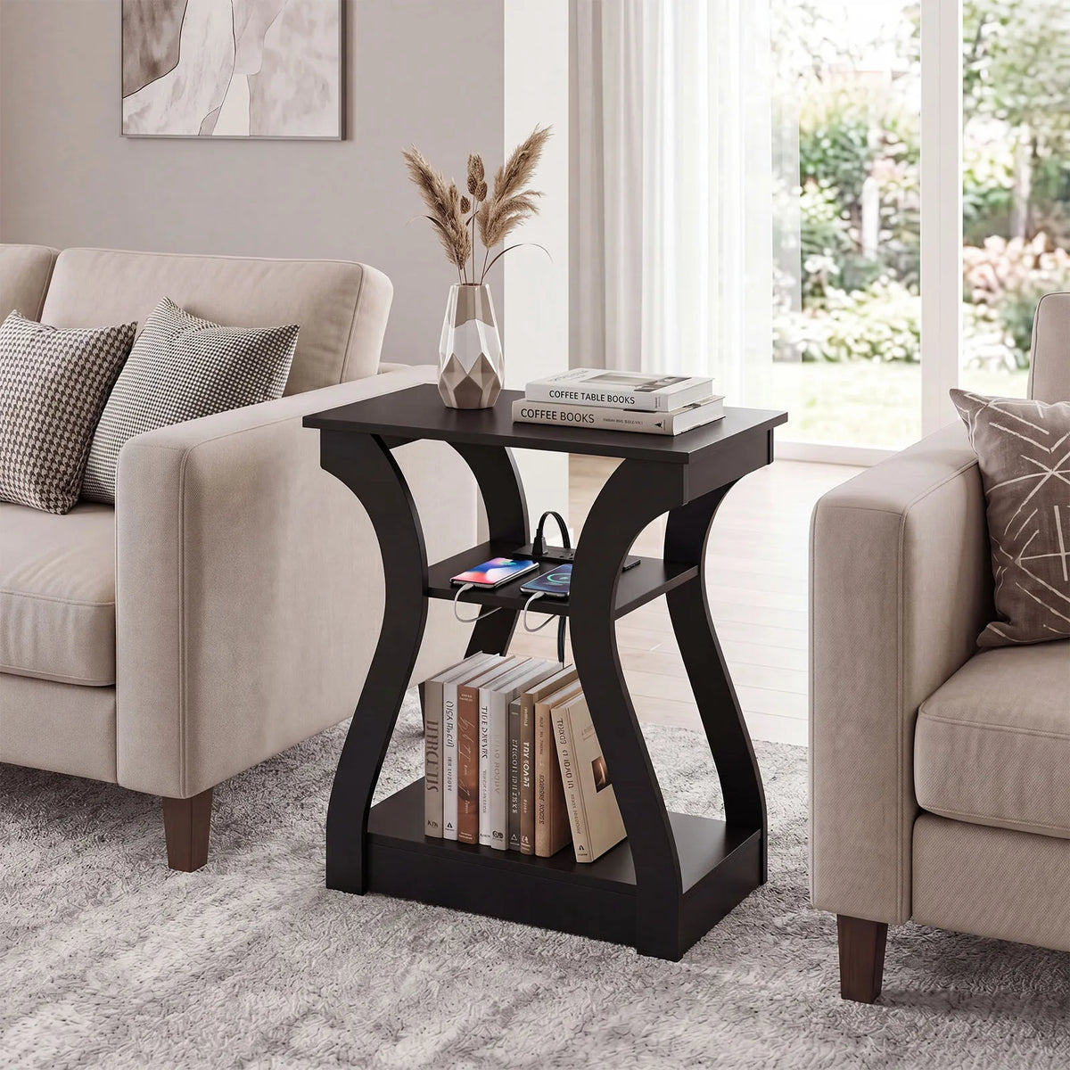 MCQ 2 Pack Living Room Cabinet with Charging Station 3-Tier Side Table Storage Display Nightstand Bedside Coffee Sofa Tea Table Cabinets For Furniture