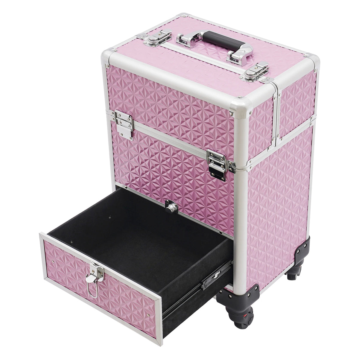 Makeup Trolley Pink Makeup Train Case With 7 Compartments Drawer Durable Aluminum Frame ABS Large Cosmetic Storage Box
