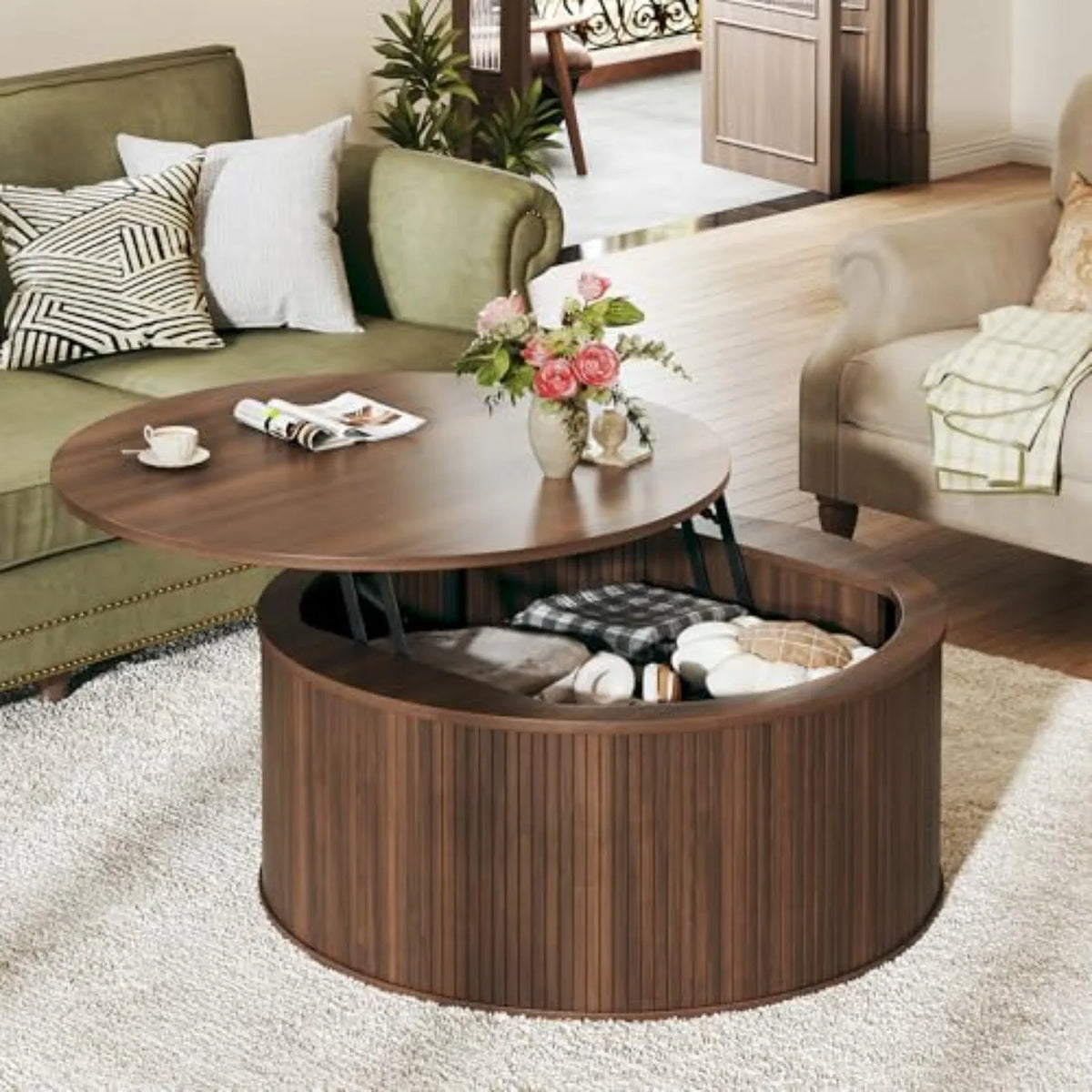 Coffee Table with Storage, 37.4" Lift Top Table for Living Room, Mid Century Modern Coffee Table with Sliding Fluted Doors