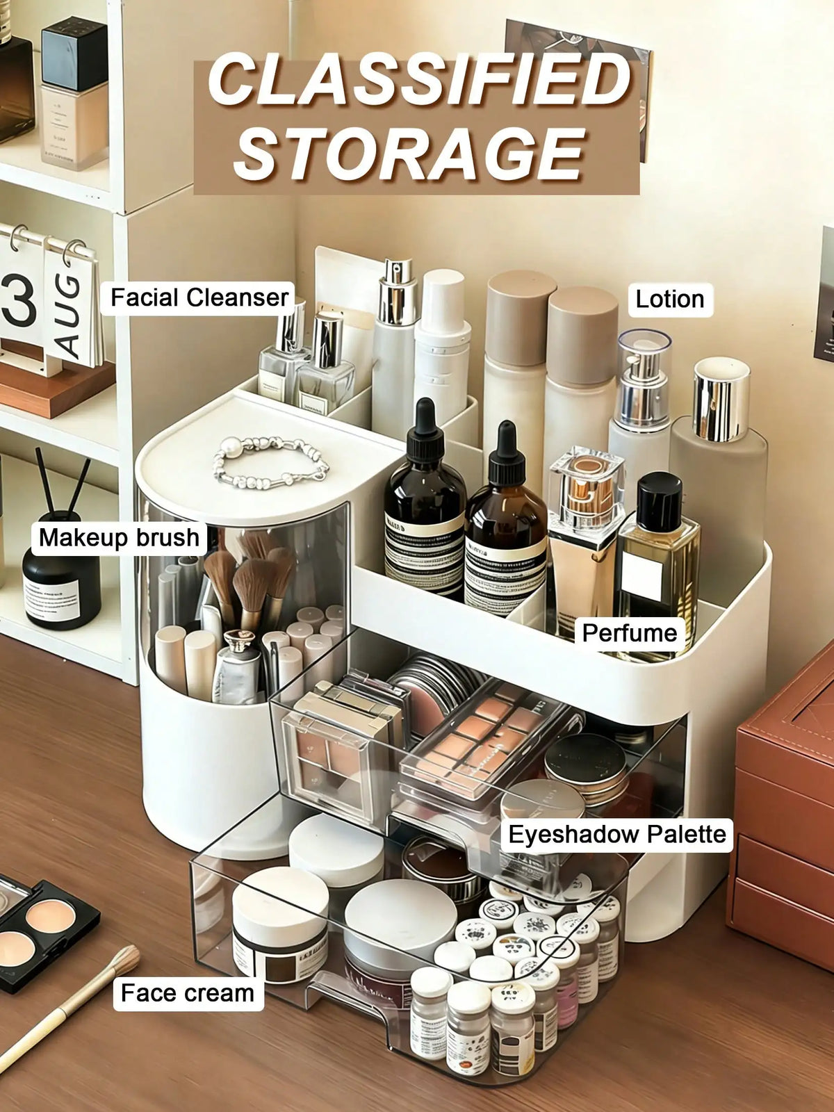 White Makeup Organizer for Vanity, Large Capacity Bathroom Countertop Cosmetic Storage Box with Drawers & Brush Holder, Skincare Organizer for Lipstick, Nail Polish & Eyeshadow