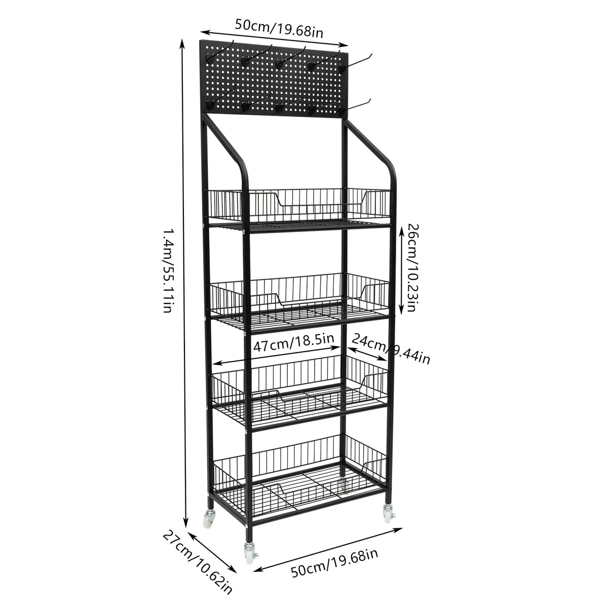 4-Tier Retail Display Rack Stand with Wheels, Snack Candy Organizer Basket Cart with 10 Hooks, 22 lbs Capacity per Shelf for Supermarket Bakery Store, Black