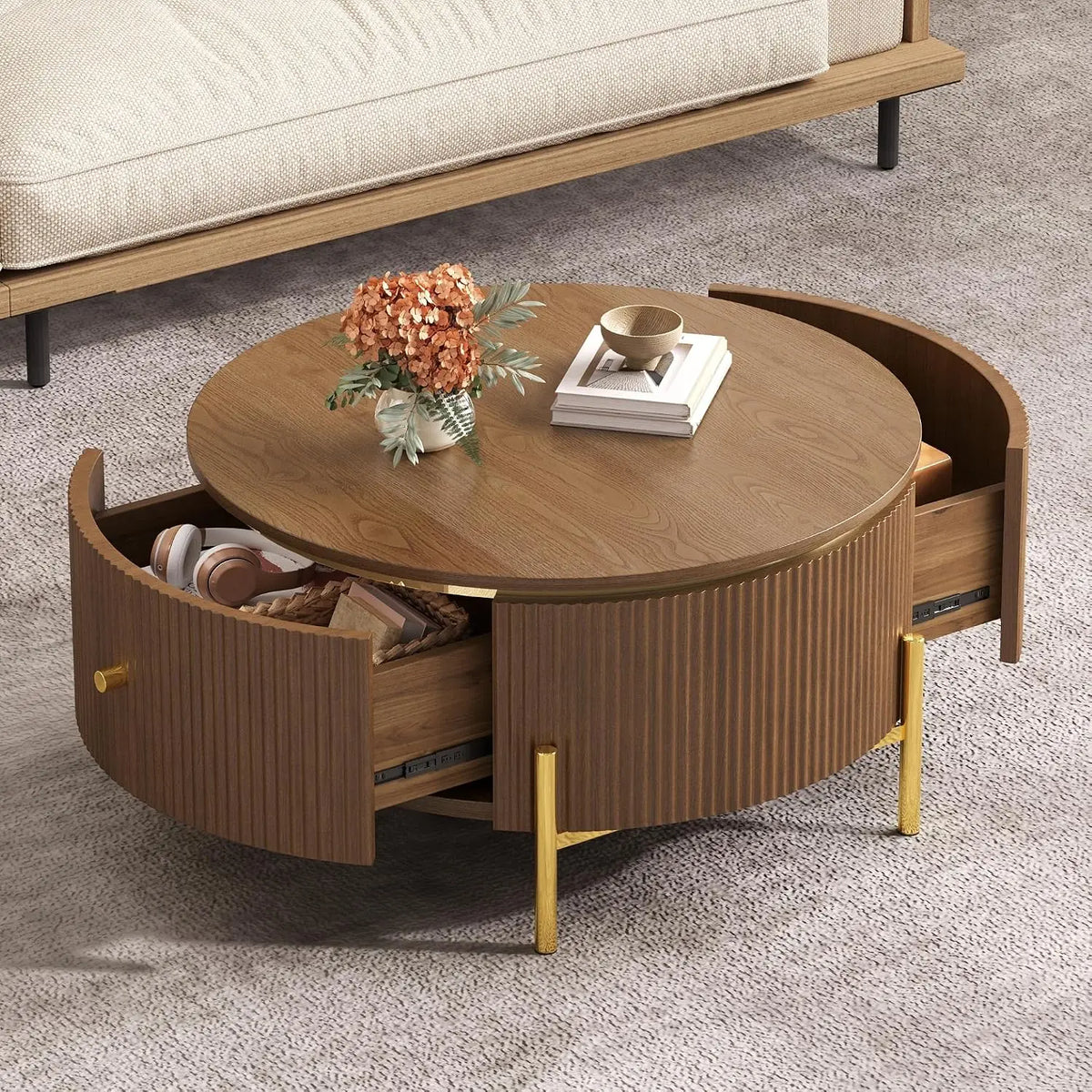Modern Round Nesting Coffee Table with Marble Top, White & Gold Nesting Coffee Table Set of 2 Center Table with, Customized