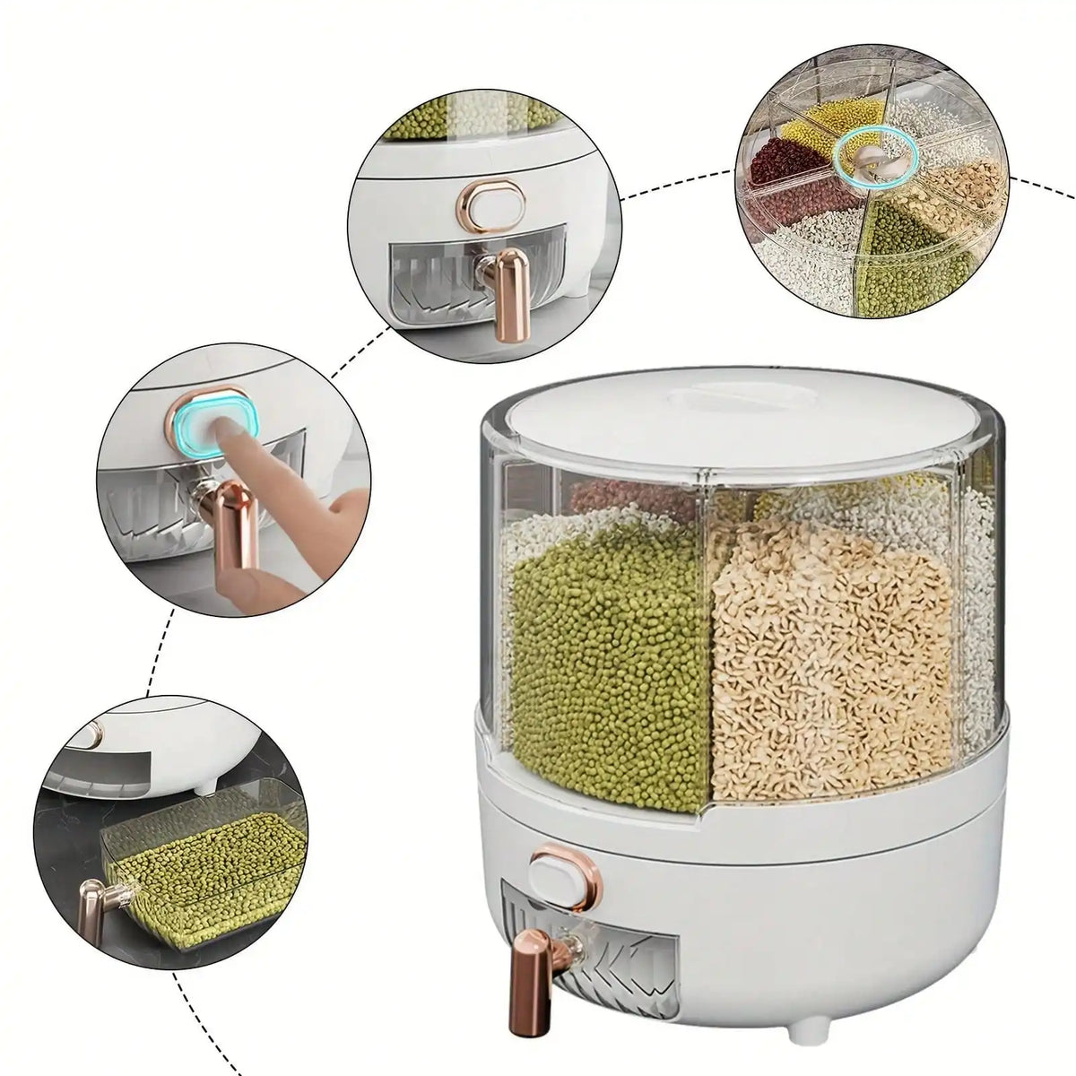 1pc Rice Bucket, Rice Dispenser, Grain Dispenser, 360° Rotating Rice Storage Box, Kitchen Grain Storage Container, 6 Compartments, One-Button Design, Convenient Access To Wheat, Beans And Rice!