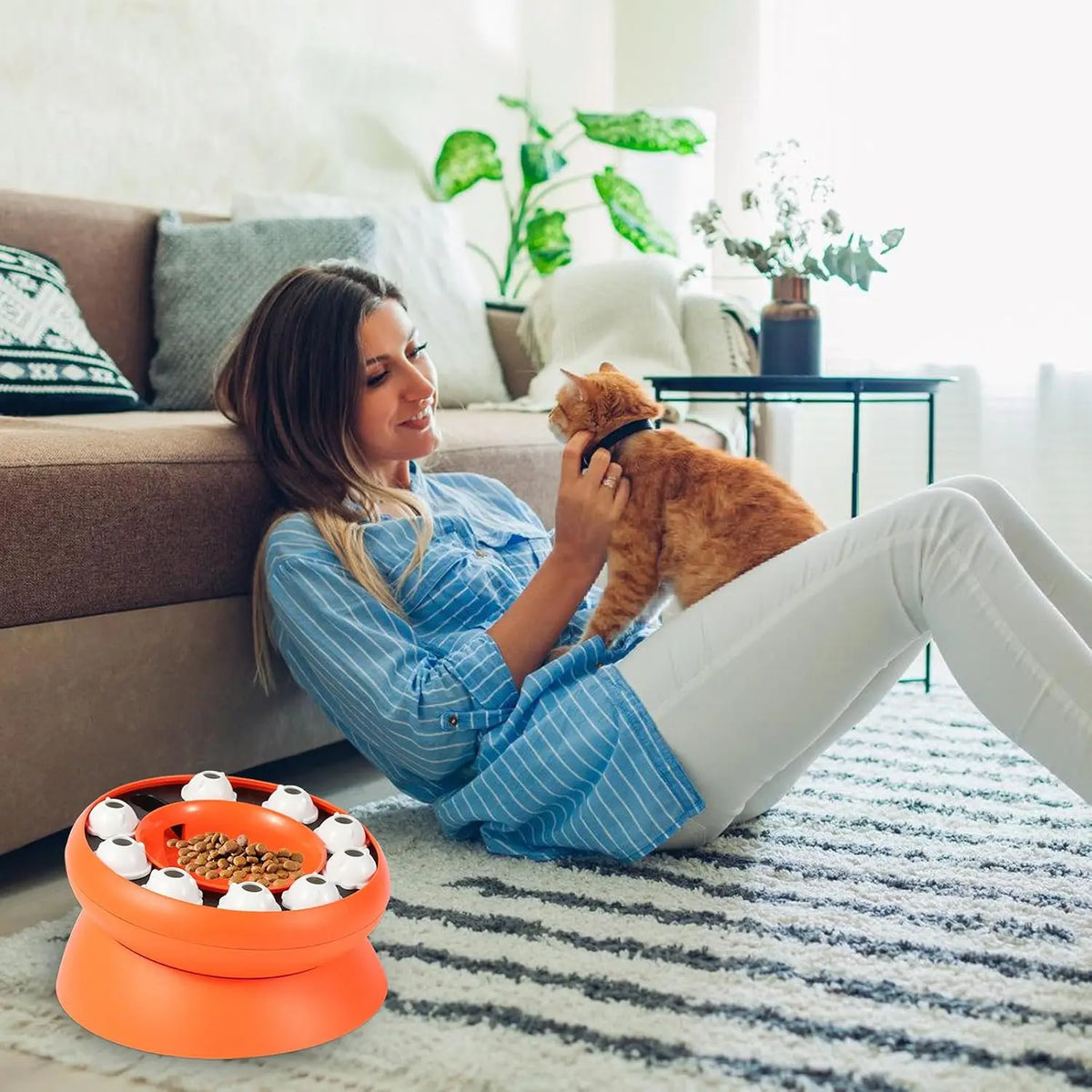 Cat Puzzle Feeder Toy, Interactive Foraging Treat Dispenser Slow Feeder Bowl for Indoor Cats Kittens, Mental Stimulation Boredom Relief Enrichment Feeding Toy, Orange
