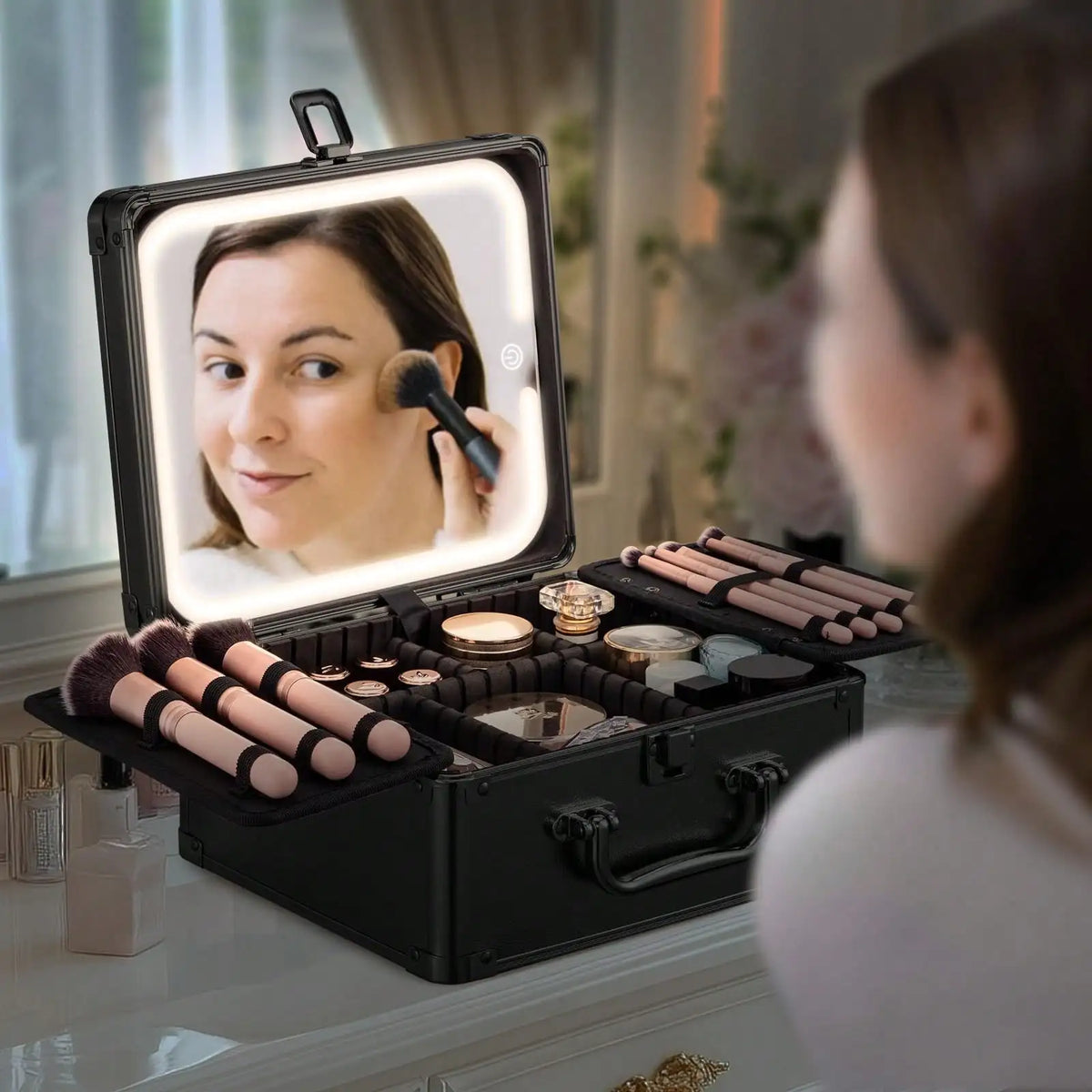 Professional Makeup Train Case with Rechargeable LED Mirror, Large Capacity Cosmetic Organizer with Adjustable Dividers, Travel Makeup Storage Box for Artist Salon Vanity