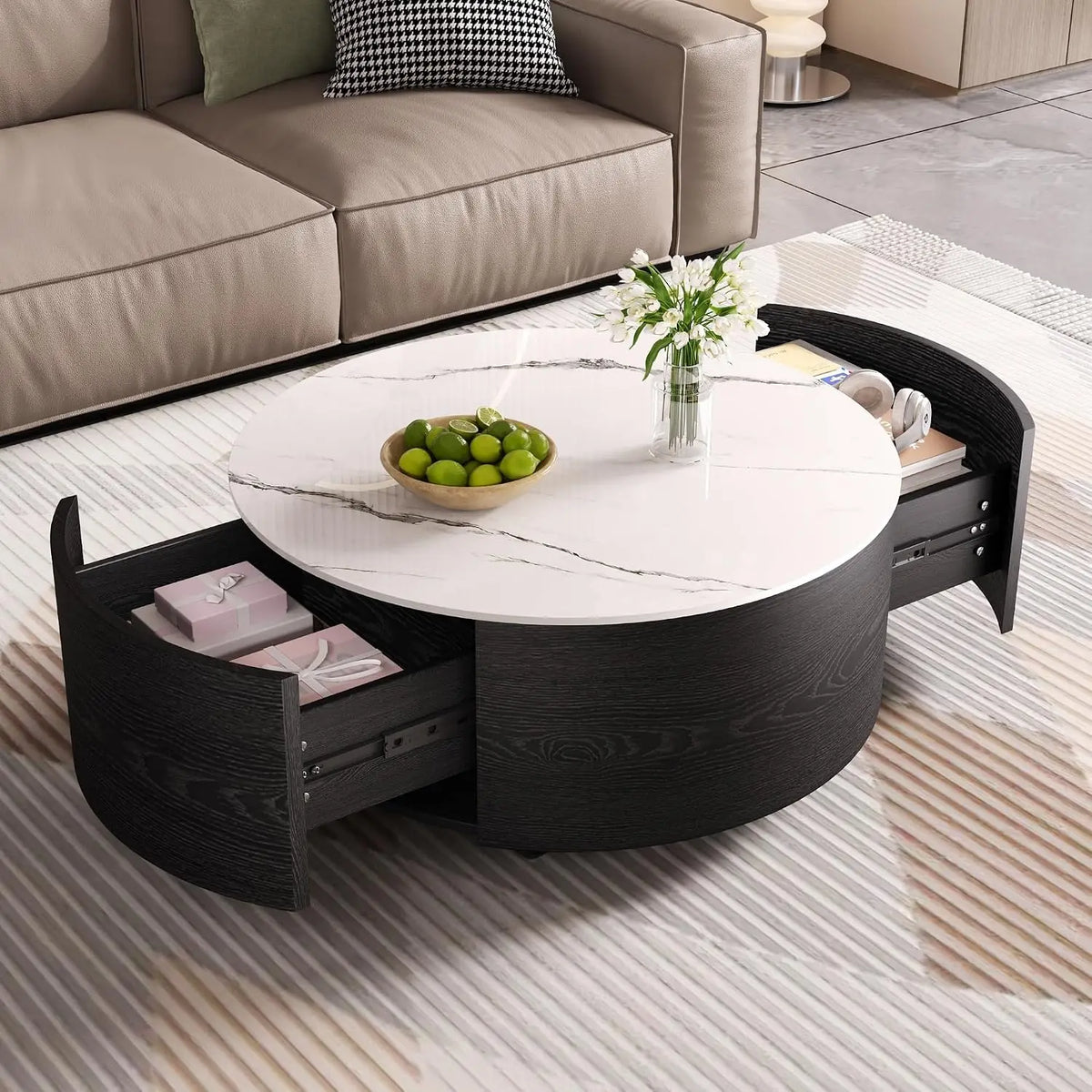 Modern Round Nesting Coffee Table with Marble Top, White & Gold Nesting Coffee Table Set of 2 Center Table with, Customized