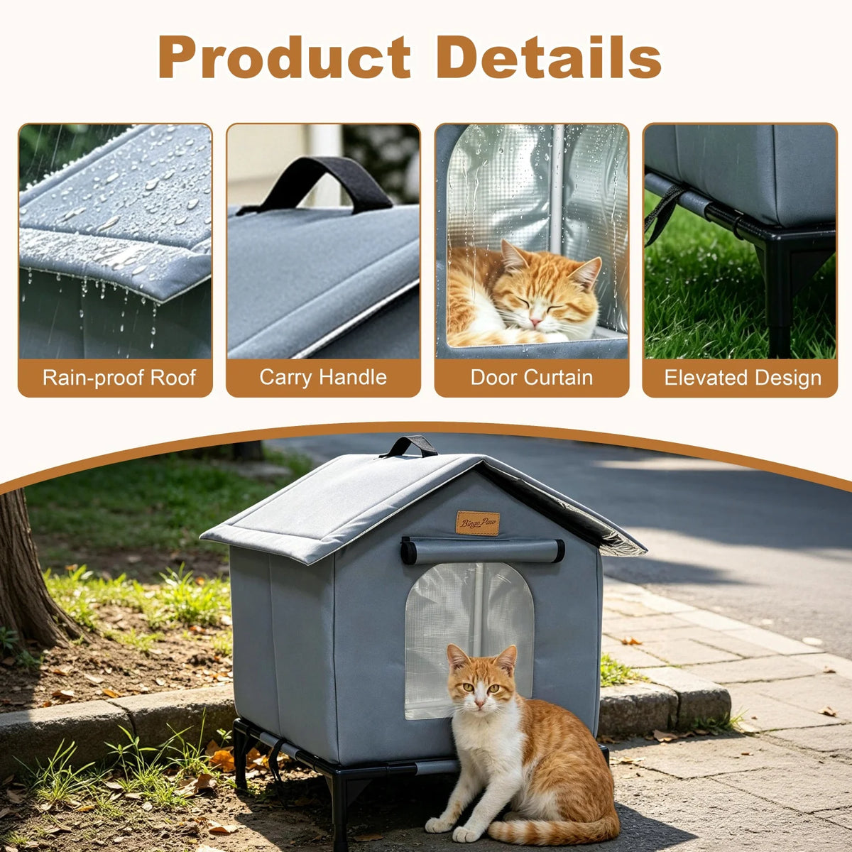 Outdoor Cat Shelter Elevated Insulated Feral Cat House Waterproof Cat Tent Pet House Oxford Fabric Aluminum Foil Coating for All Season