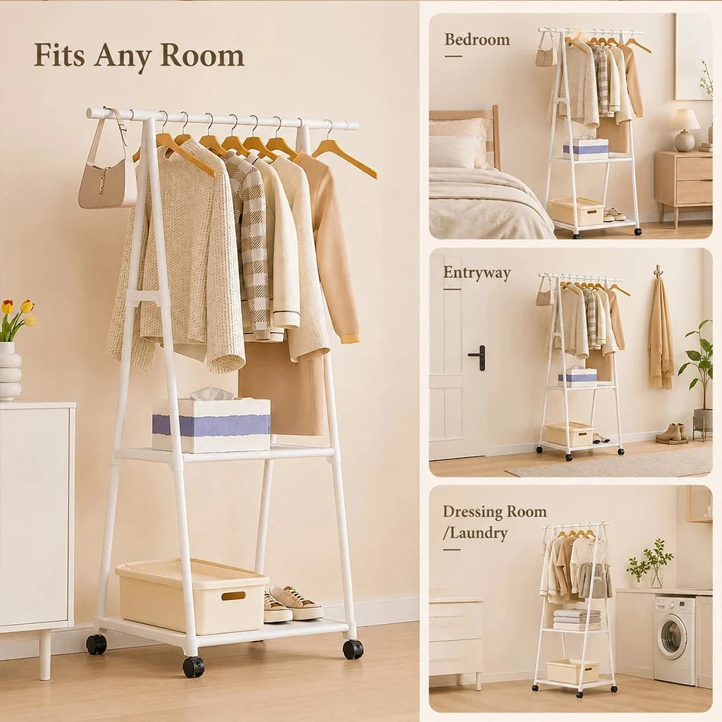 Portable Rolling Clothes Rack with 2 Storage Shelves - Heavy Duty Metal Garment Organizer on Wheels, Freestanding Hanging Stand for Bedroom Closet