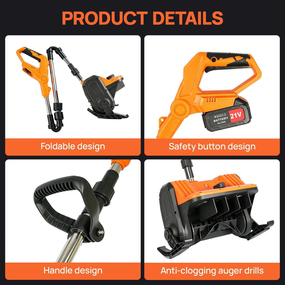 Brushless Cordless Snow Shovel With Foldable Design And Ski Wheels