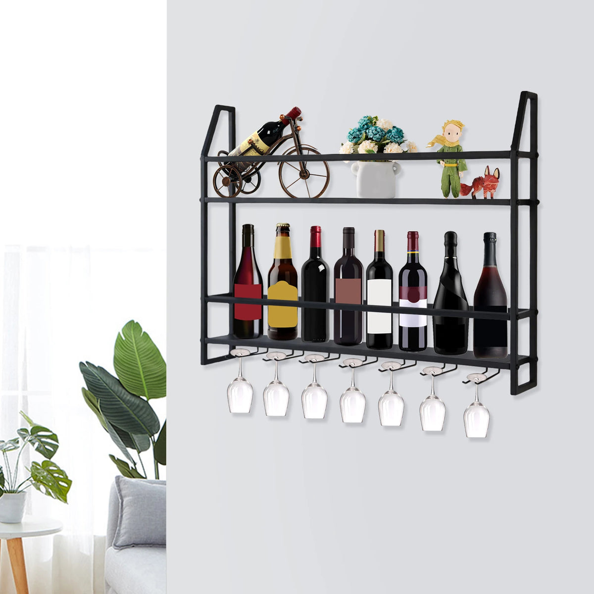 Wall Mounted Wine Rack Glass Holder 12 Bottles 7 Goblet Metal Shelf 2 Layer for Home Bar, 80cm Black