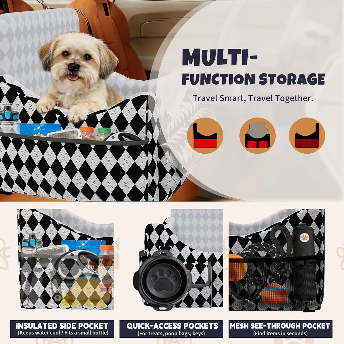 Dog Car Seat for Small/Medium Dogs up to 35lbs, 4-Pocket Storage Memory Foam Dog Booster Seat, Detachable Washable Pet Car Seat with Safety Belt, Outdoor & Indoor Use