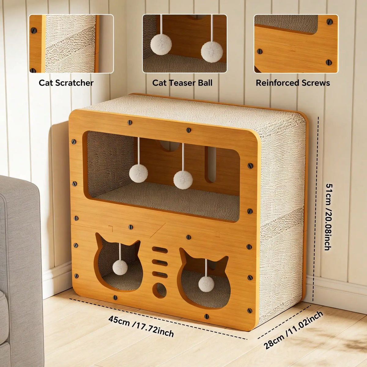 Double Layer Cat Scratching Board, Vertical Cat Scratcher for Claw Care, Durable Non-Corrugated Woven Cat House Villa with Scratch Pad, Furniture Protection for Cats, Cat Toy and Cat Nest for Home
