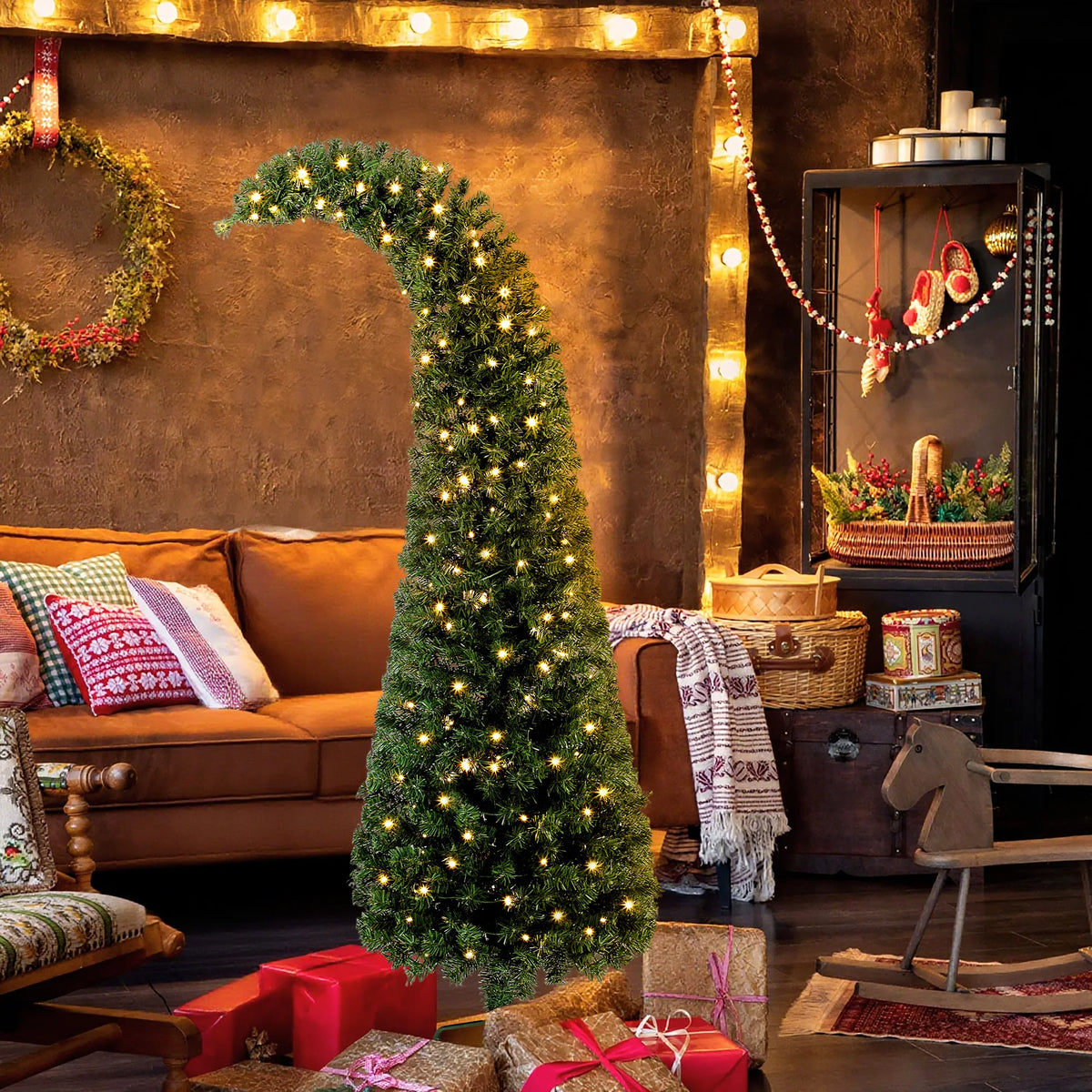HOMCOM 6 ft Prelit Whimsical Christmas Tree, Slim High Mountain Fir Holiday Decor with 200 Warm White LEDs and 8 Modes, Xmas Tree with 493 Tips and Metal Stand for Home Office, Green