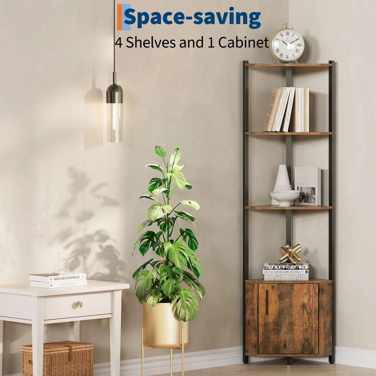 5 Tier Corner Shelf Stand with Metal Frame & Wood Shelves, Rustic Modern Tall Corner Organizer for Kitchen Bedroom, Display Rack
