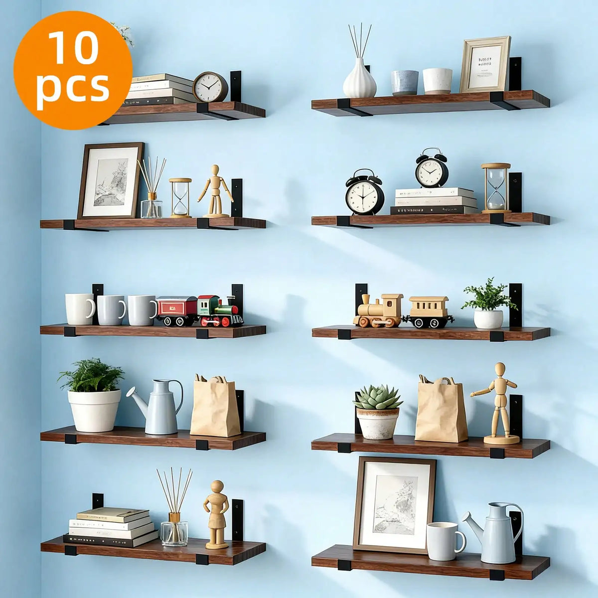 5/10Pcs Floating Shelves, 4.7 Inch Wide Wall Shelves with Invisible Brackets, Rustic Wood Storage Racks for Bedroom, Living Room, Kitchen, Bathroom
