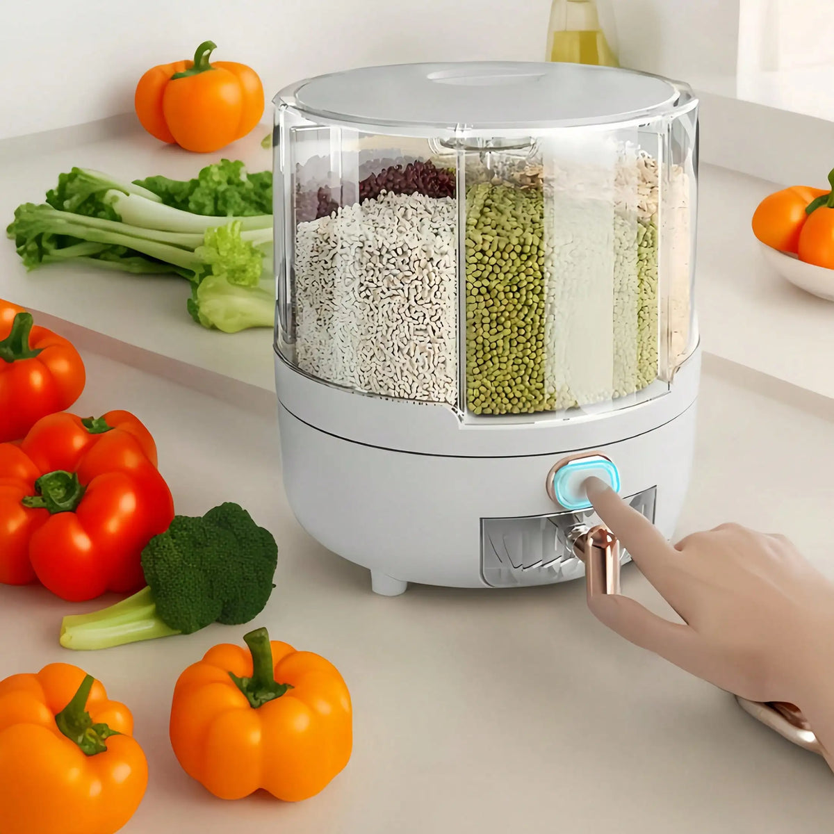 1pc Rice Bucket, Rice Dispenser, Grain Dispenser, 360° Rotating Rice Storage Box, Kitchen Grain Storage Container, 6 Compartments, One-Button Design, Convenient Access To Wheat, Beans And Rice!