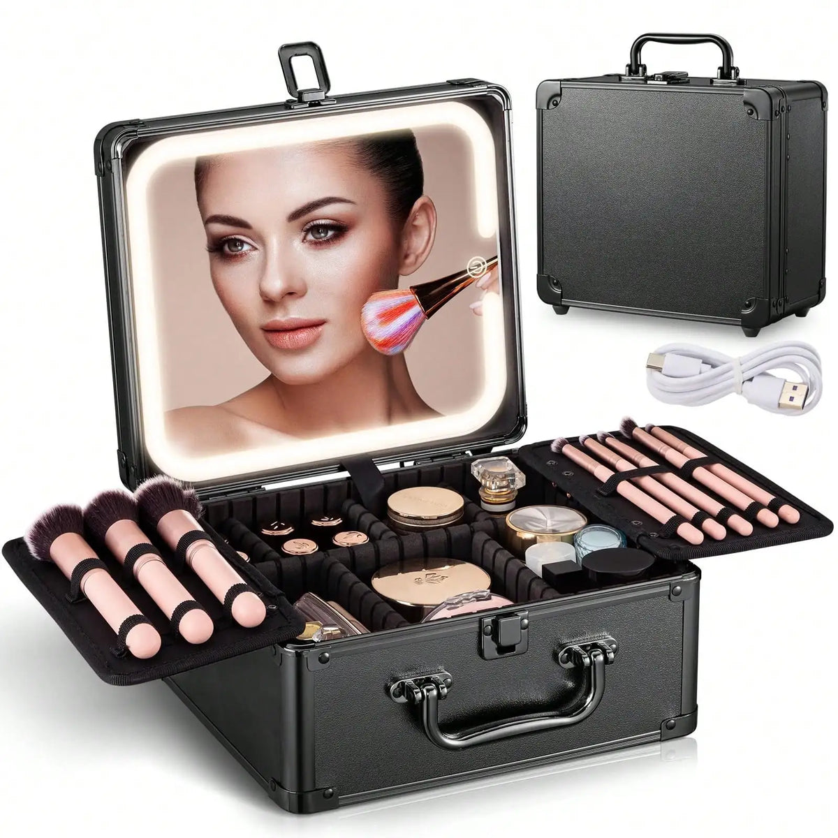 Professional Makeup Train Case with Rechargeable LED Mirror, Large Capacity Cosmetic Organizer with Adjustable Dividers, Travel Makeup Storage Box for Artist Salon Vanity