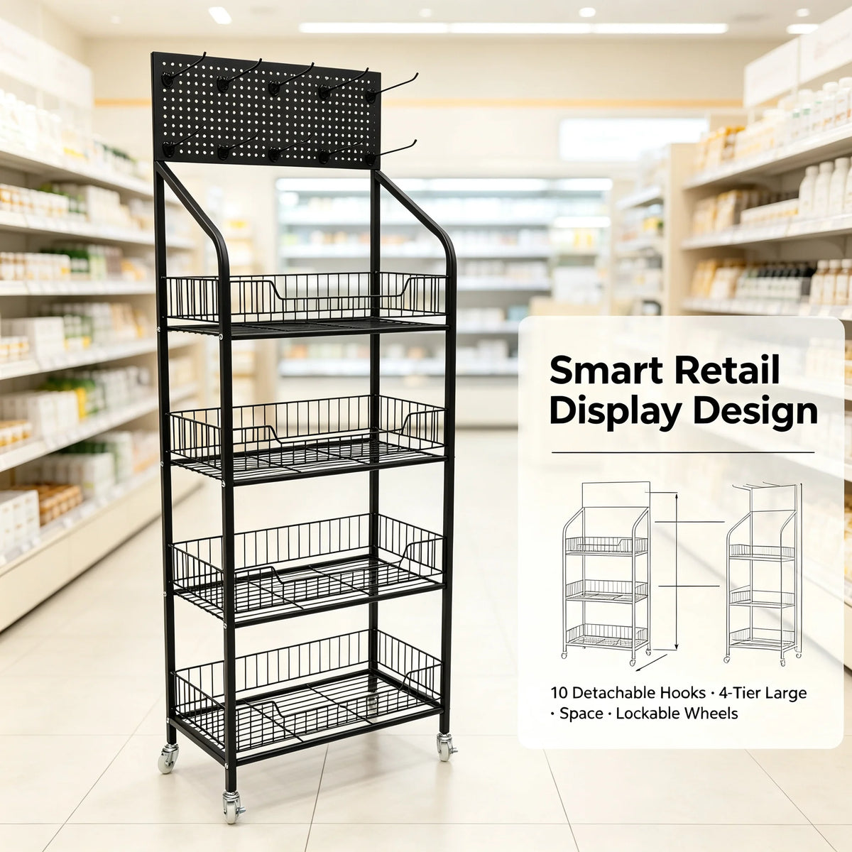 4-Tier Retail Display Rack Stand with Wheels, Snack Candy Organizer Basket Cart with 10 Hooks, 22 lbs Capacity per Shelf for Supermarket Bakery Store, Black