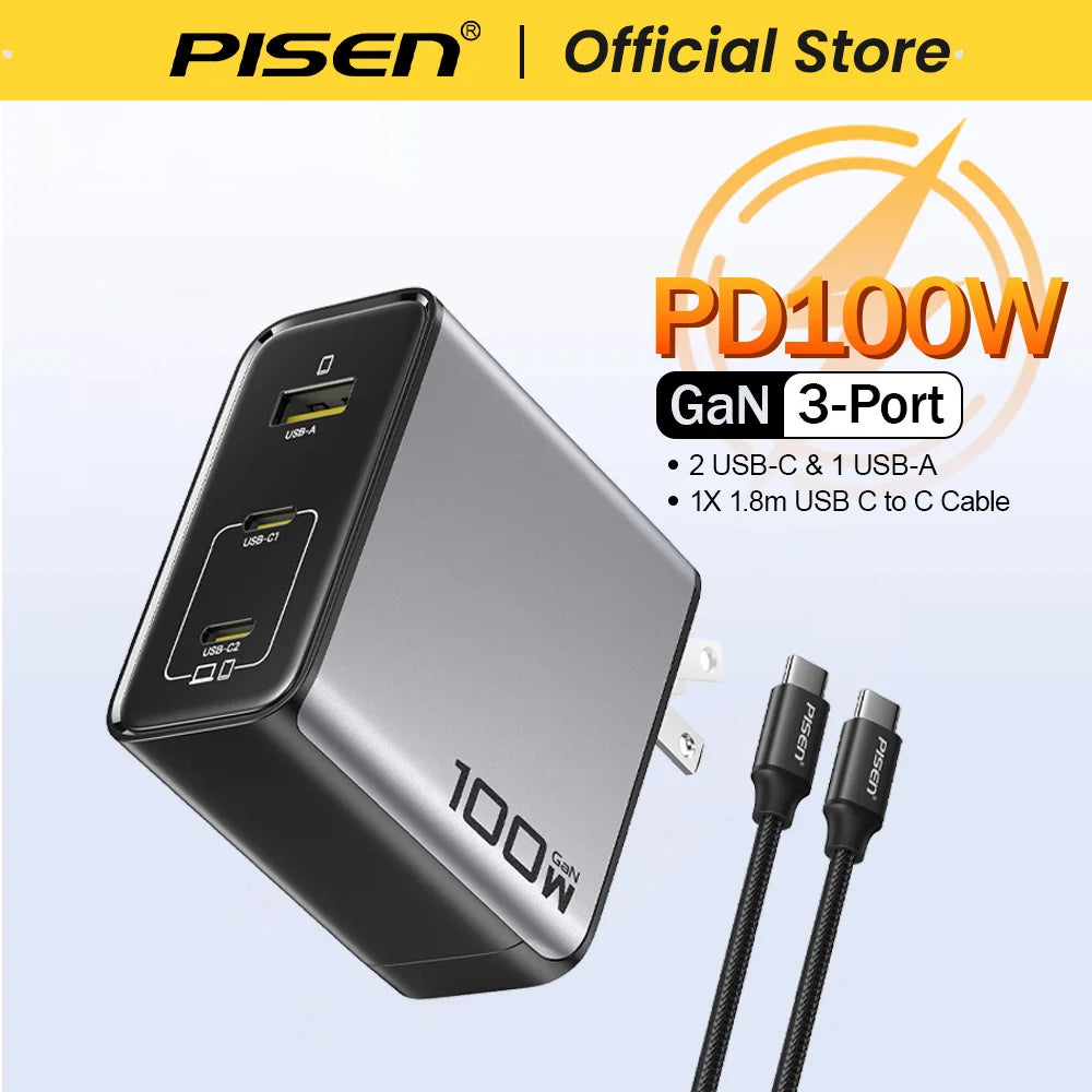 PISEN 160W GaN Charger 4 USB C Port & 1.8m Fast Charging Cable PD3.1 Quick Charger for MacBook Laptop Tablet iPhone Samsung iPad