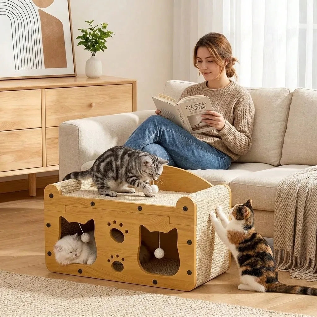 Double Layer Cat Scratching Board, Vertical Cat Scratcher for Claw Care, Durable Non-Corrugated Woven Cat House Villa with Scratch Pad, Furniture Protection for Cats, Cat Toy and Cat Nest for Home