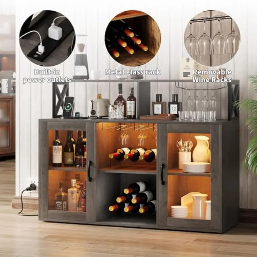 47" Wine Cabinet with LED Light, Home Coffee Cabinet with Wine Rack and Glass Holder, Coffee Bar Buffet Sideboard Storage with