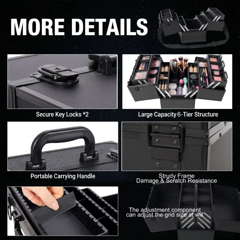 14Inch Large Black Professional Multi‑layer Foldable Makeup Case Large Capacity Cosmetic Storage Box Lockable Design Compartment Organizer with Mirror Portable Beauty Train Case for Home Dressing Table Outdoor Makeup Work