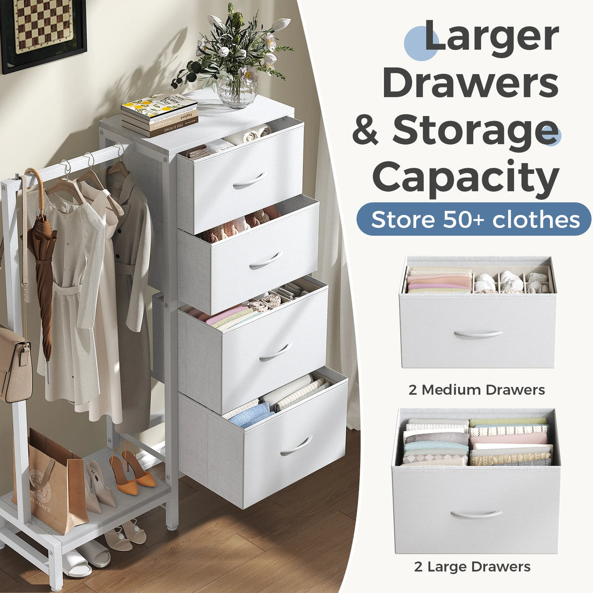 MCQ 4 Drawers Fabric Cabinet with Hanging Rack Living Room Beside Nightstand Dresser Tables with Clothes Rack Storage Closet Chest Clothes Display Of Furniture