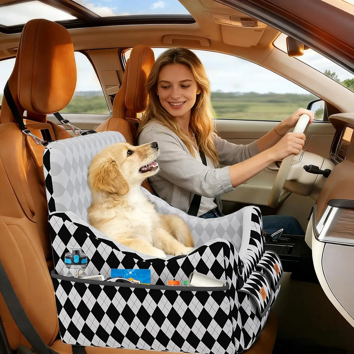 Dog Car Seat for Small/Medium Dogs up to 35lbs, 4-Pocket Storage Memory Foam Dog Booster Seat, Detachable Washable Pet Car Seat with Safety Belt, Outdoor & Indoor Use