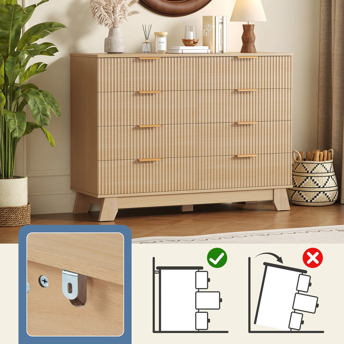 MCQ Grooved Wooden 8 Drawers Storage Cabinet 39.4" Wide Chest Beside Nightstand Dresser TV Stand Tables Various Storage Display Home Furniture