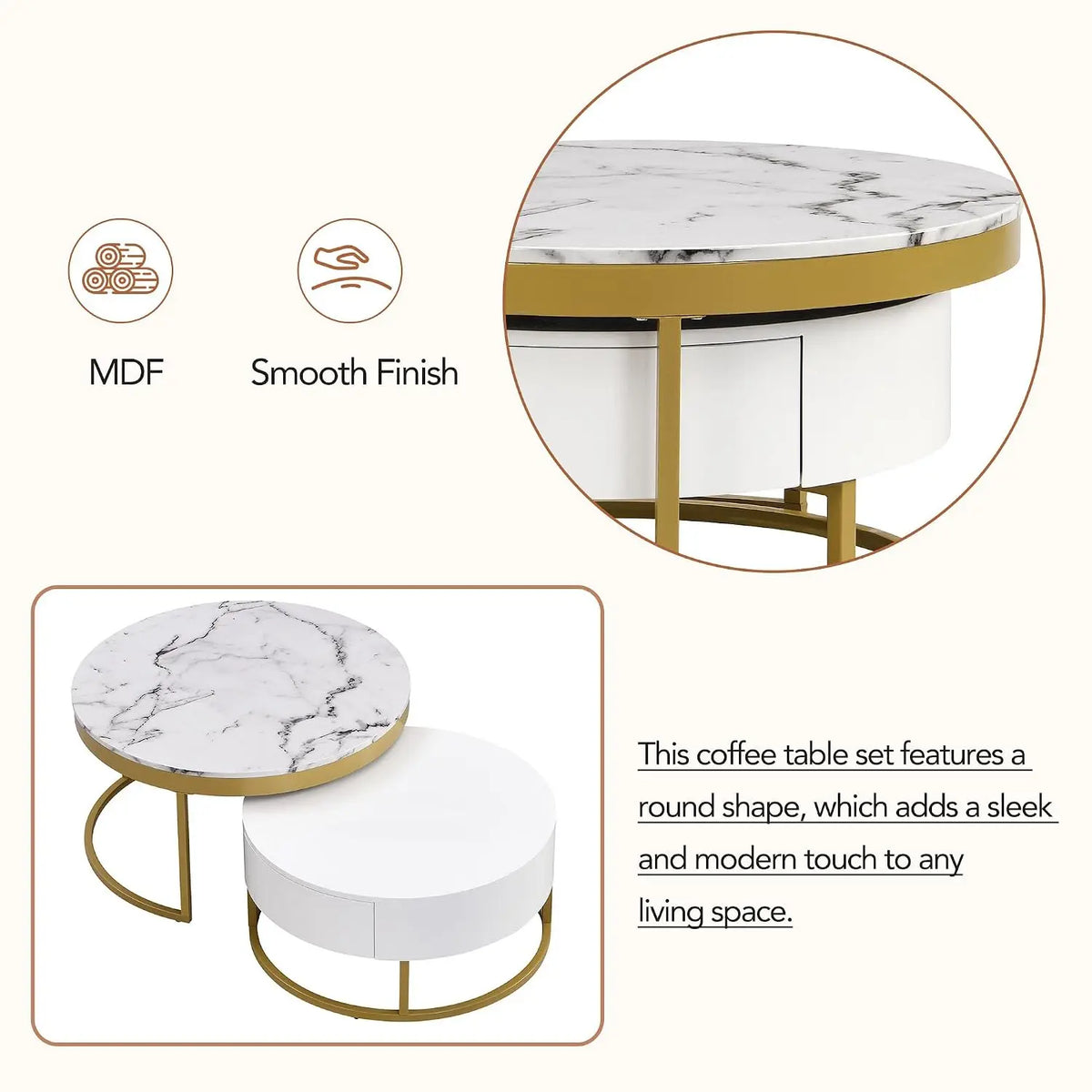 Modern Round Nesting Coffee Table with Marble Top, White & Gold Nesting Coffee Table Set of 2 Center Table with, Customized