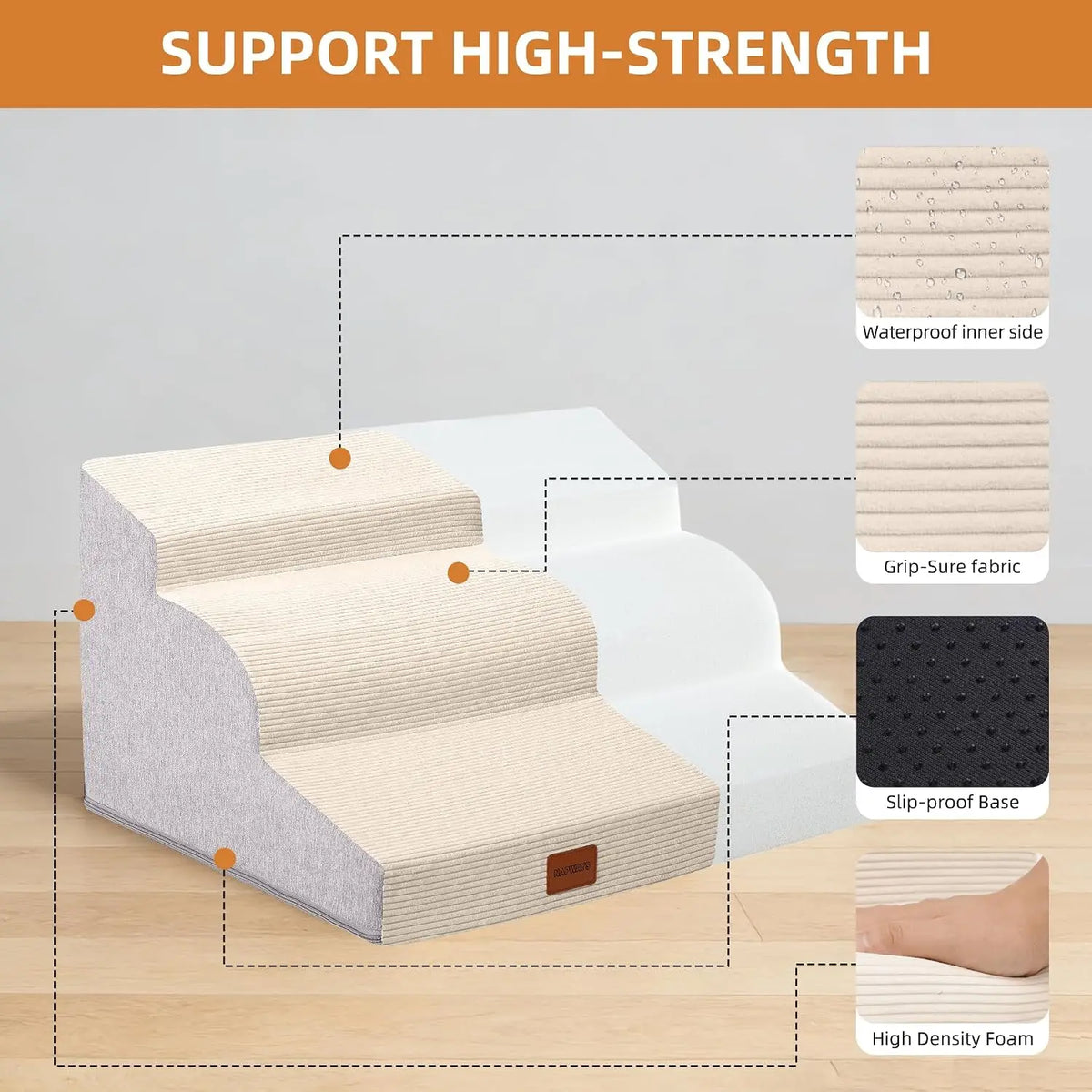 Dog Stairs for Small Dogs Cats, 3/4/5 Steps High Density Foam Pet Steps Ramp, Non-Slip Bottom Removable Washable Cover Pet Stair for Bed Sofa Couch Car, Support Up to 50Lbs for Senior Injured Short Leg Pets