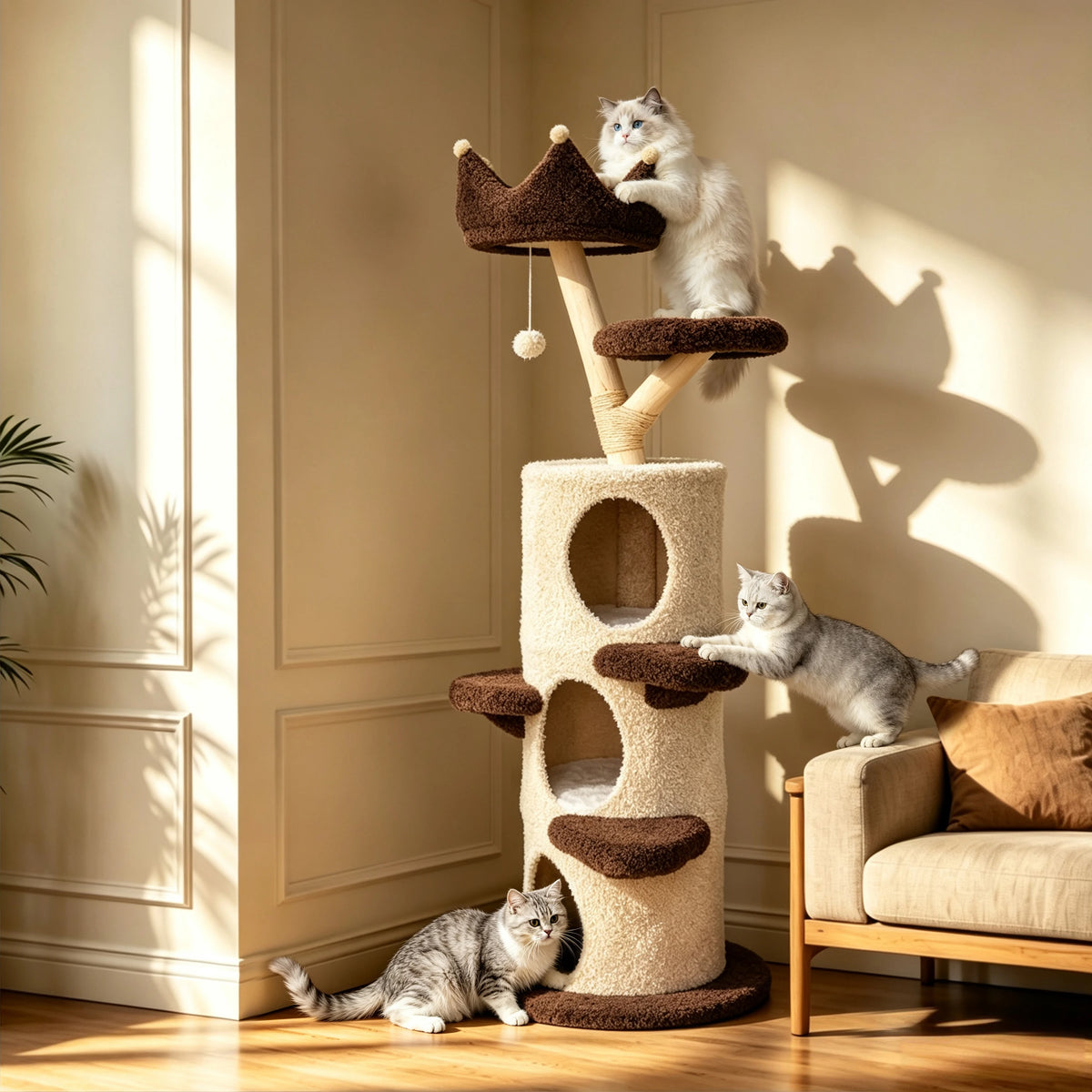 Bingopaw 160 cm Cat Tree for Indoor Cats, Multi-Level Cat Tower with 3 Condos, Crown Top Perch, Scratching Post, Climbing Steps and Hanging Toy, Cream and Dark Brown