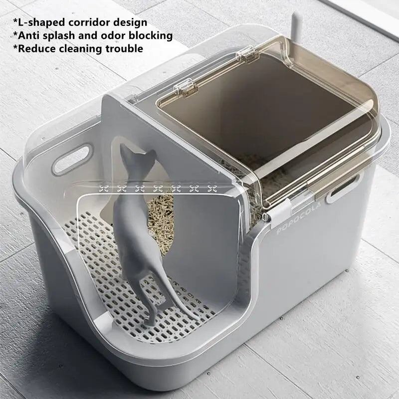 Large Cat Litter Boxes Corridor Style Design Enclosed Litter Tray Odor Splash-Proof Kitten Toilet Convenient Lid Pet Clean