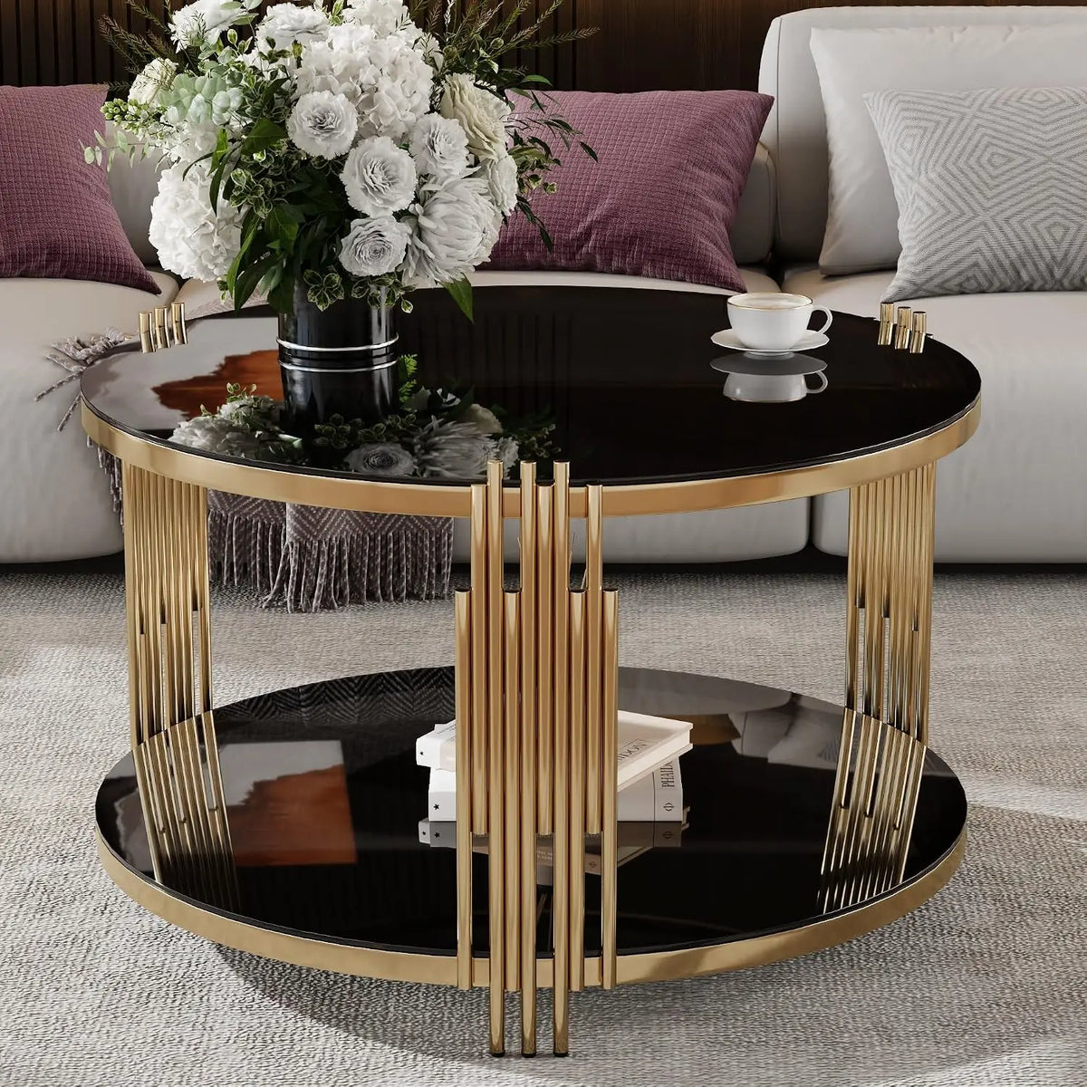 Modern Round Nesting Coffee Table with Marble Top, White & Gold Nesting Coffee Table Set of 2 Center Table with, Customized