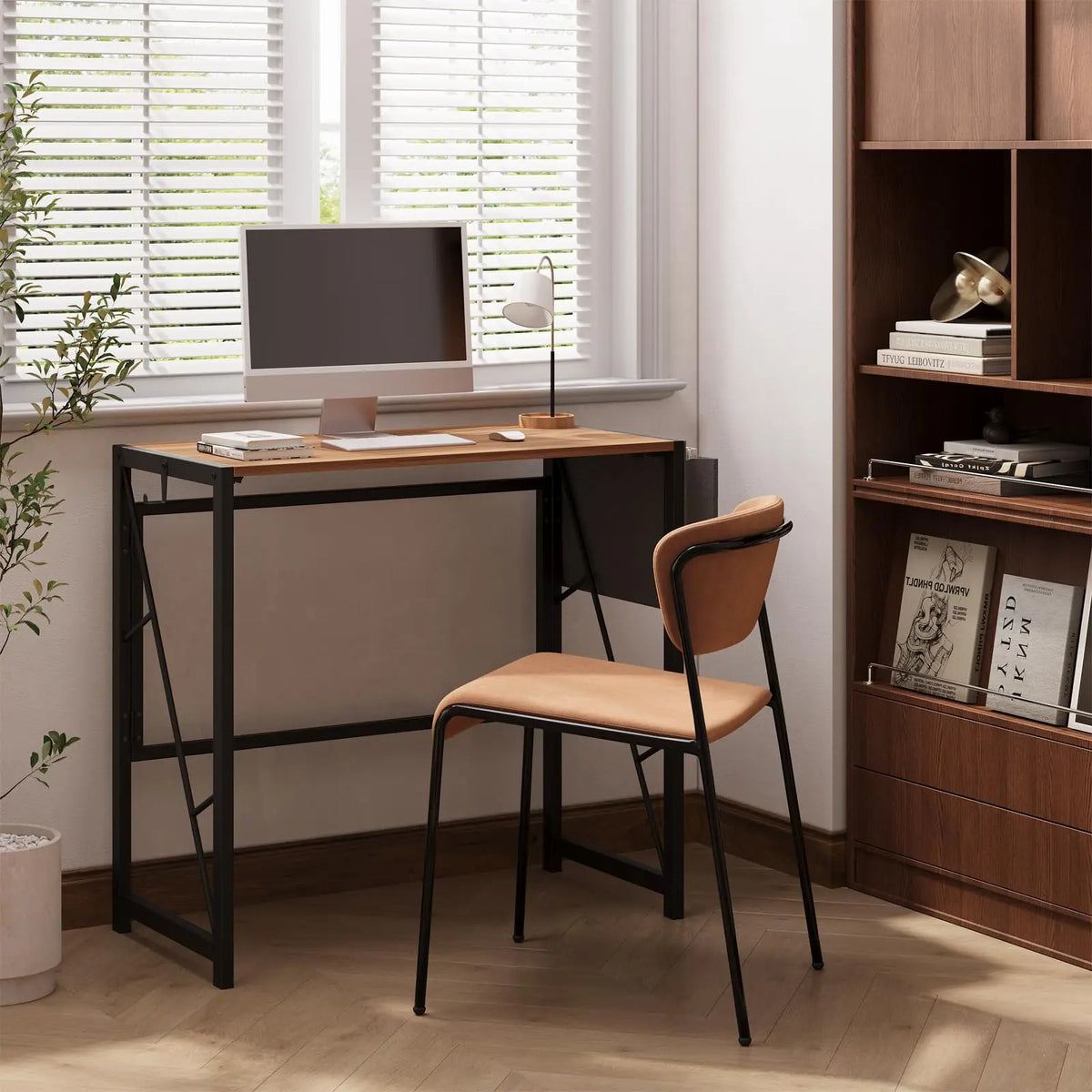 31.5" Folding Computer Desk Space-Saving Compact Home Office Writing Desk Side Storage Pocket & 2 Headphone Hooks Collapsible Computer Writing Table for Home Office, Bedroom, Balcony