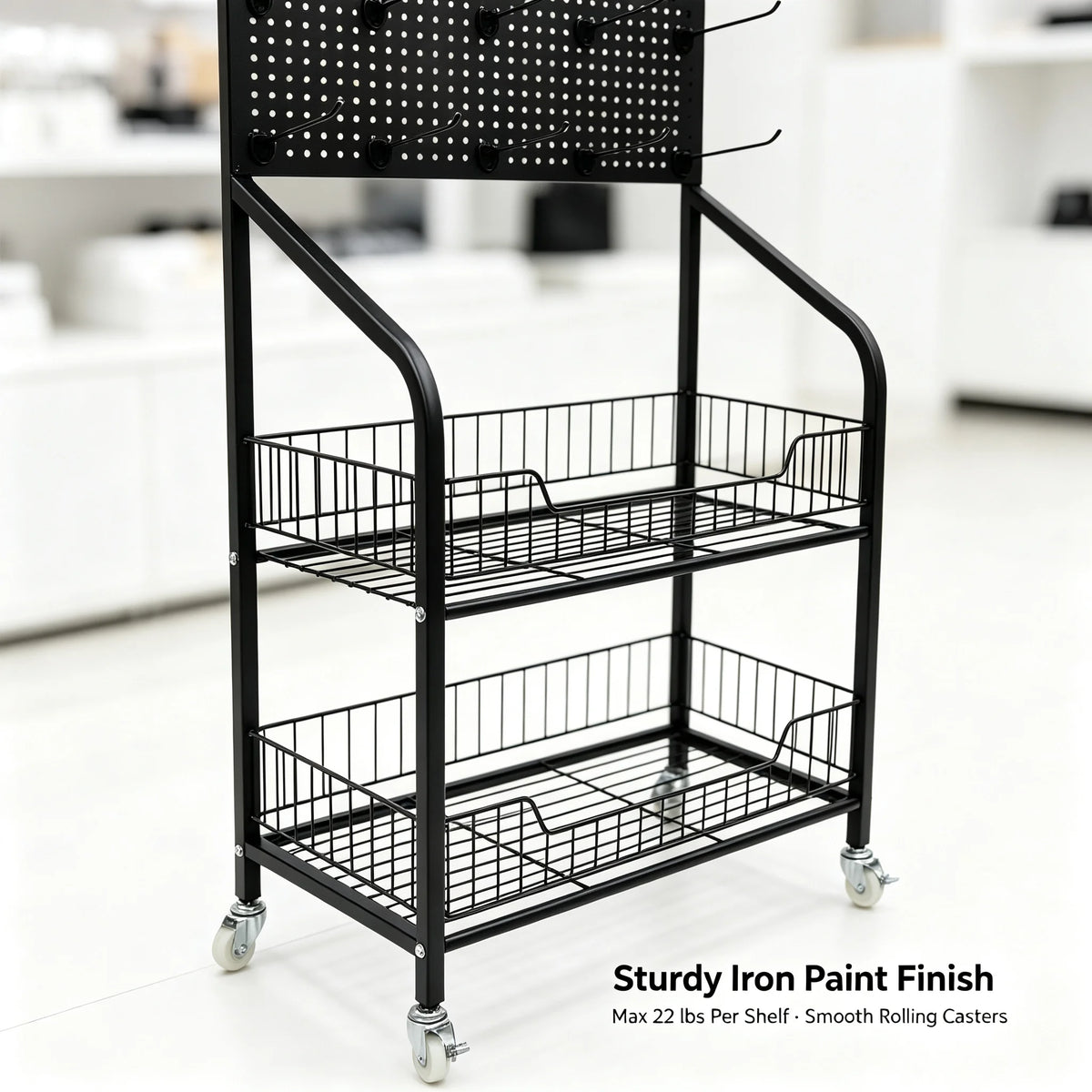 4-Tier Retail Display Rack Stand with Wheels, Snack Candy Organizer Basket Cart with 10 Hooks, 22 lbs Capacity per Shelf for Supermarket Bakery Store, Black