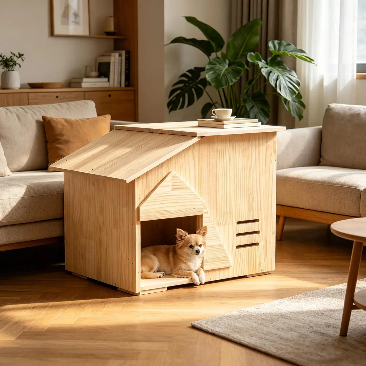 Small Indoor Dog House - Handcrafted Wooden Pet Shelter for Puppy, Natural Solid Wood Cozy Habitat, Easy Assembly Home Decor