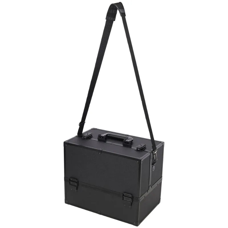 14Inch Large Black Professional Multi‑layer Foldable Makeup Case Large Capacity Cosmetic Storage Box Lockable Design Compartment Organizer with Mirror Portable Beauty Train Case for Home Dressing Table Outdoor Makeup Work