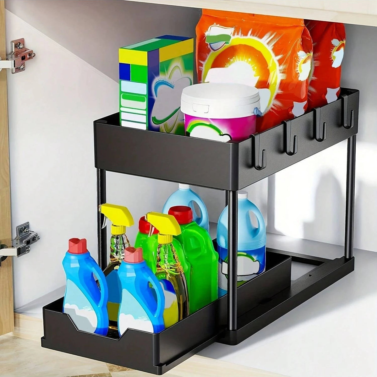 Under Sink Organizer 2 Pack/1 Pack, H-Shaped Pull Out Cabinet Storage, 2-Tier Slide Out Drawer Fits Around Pipes, Metal Rack for Kitchen Bathroom