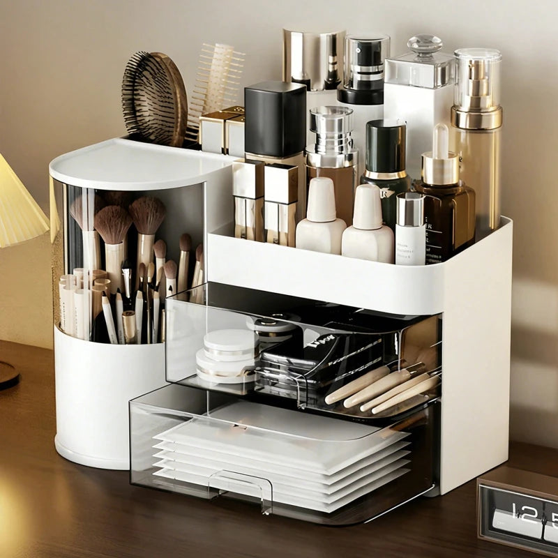 White Makeup Organizer for Vanity, Large Capacity Bathroom Countertop Cosmetic Storage Box with Drawers & Brush Holder, Skincare Organizer for Lipstick, Nail Polish & Eyeshadow