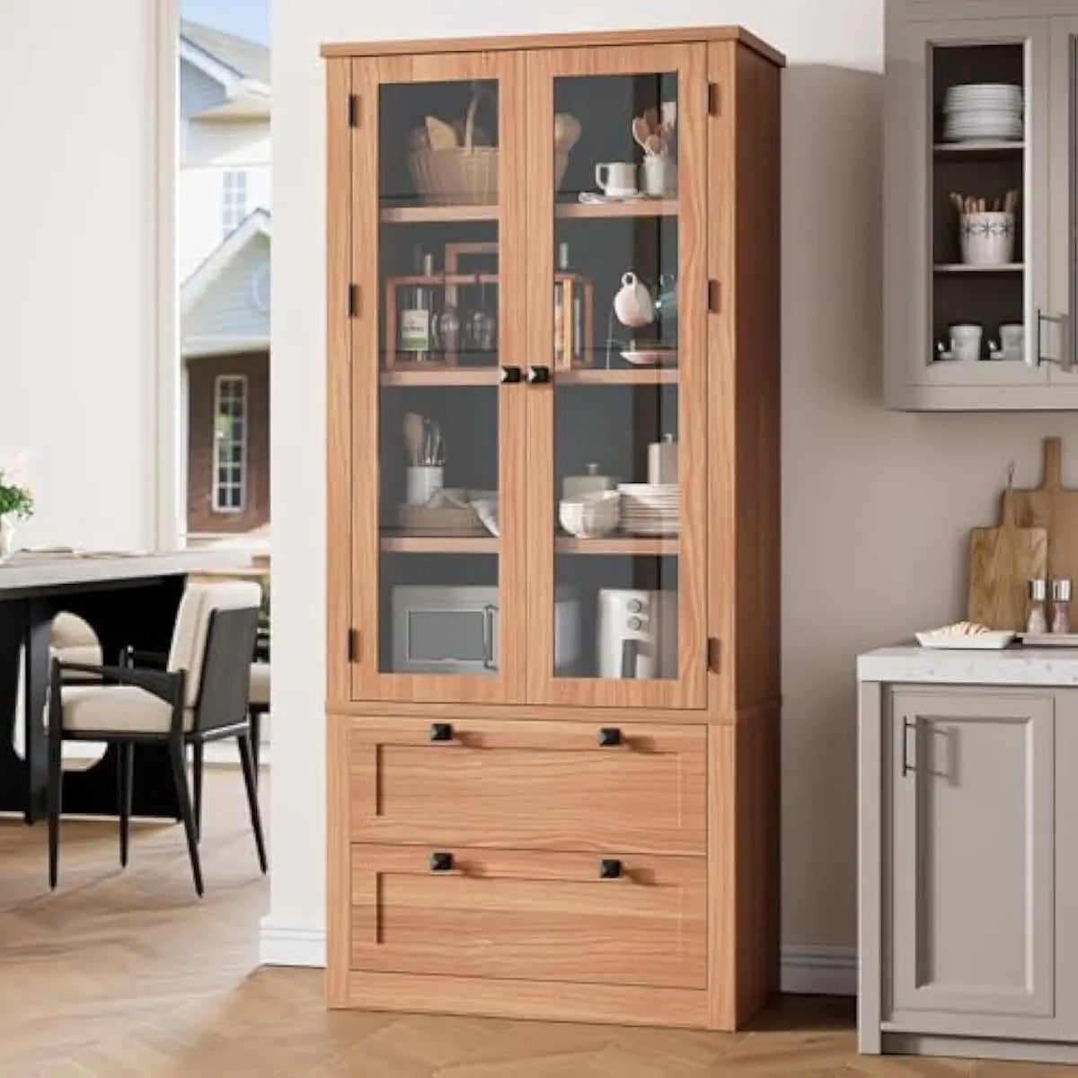 Freestanding Storage Cabinet With Glass Doors Drawers And Adjustable Shelves