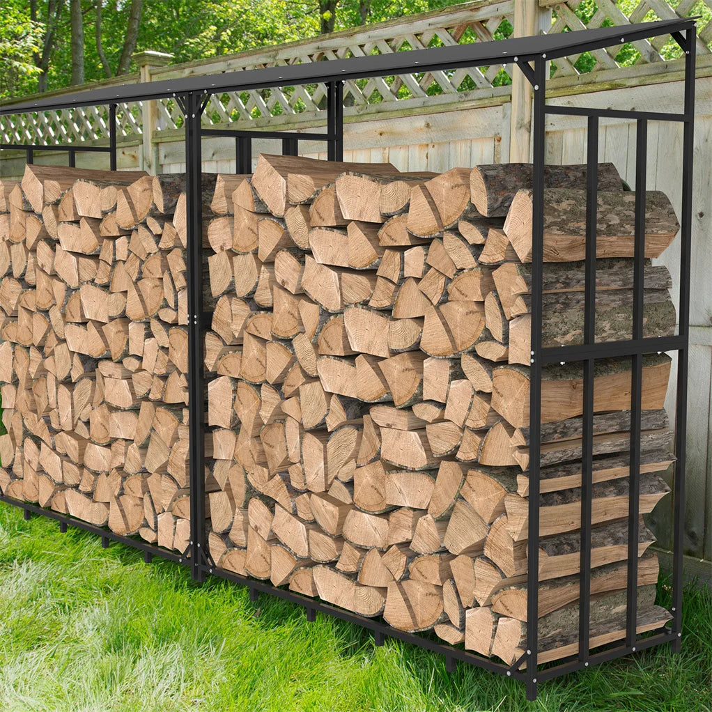 70" Outdoor Metal Log Store Stack Holder Wood Firewood Rack Garden Storage Shed with Waterproof Roof