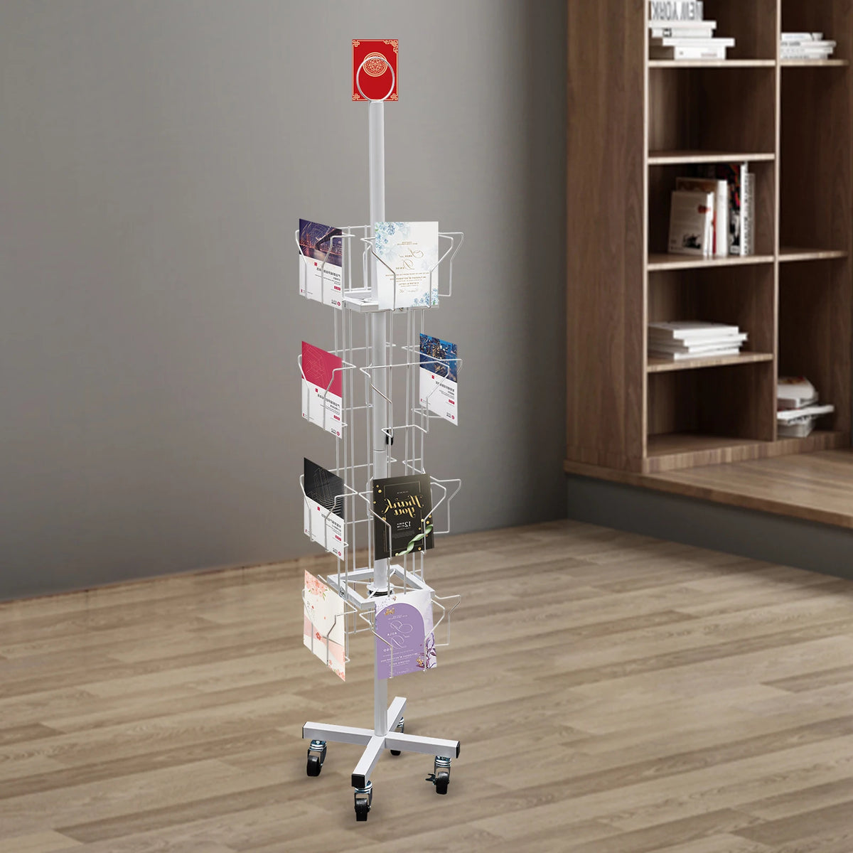 4-Tier 16 Pocket Rotating Greeting Card Rack, 360° Swivel Brochure Display Stand with 4 Wheels for Postcard Sticker Organizer, Floor Standing Metal Holder