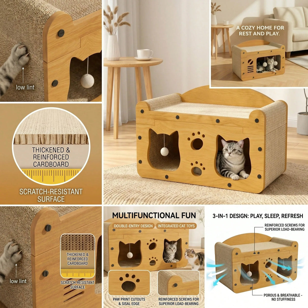 Double Layer Cat Scratching Board, Vertical Cat Scratcher for Claw Care, Durable Non-Corrugated Woven Cat House Villa with Scratch Pad, Furniture Protection for Cats, Cat Toy and Cat Nest for Home