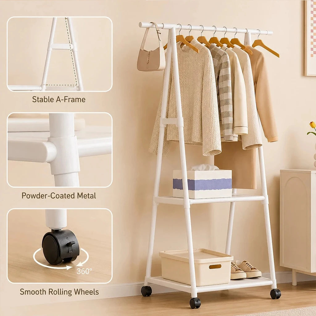 Portable Rolling Clothes Rack with 2 Storage Shelves - Heavy Duty Metal Garment Organizer on Wheels, Freestanding Hanging Stand for Bedroom Closet