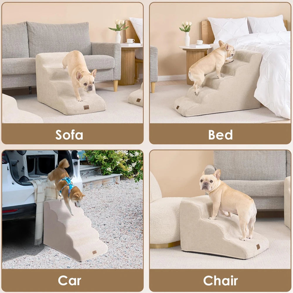Dog Stairs for Small Dogs Cats, 3/4/5 Steps High Density Foam Pet Steps Ramp, Non-Slip Bottom Removable Washable Cover Pet Stair for Bed Sofa Couch Car, Support Up to 50Lbs for Senior Injured Short Leg Pets
