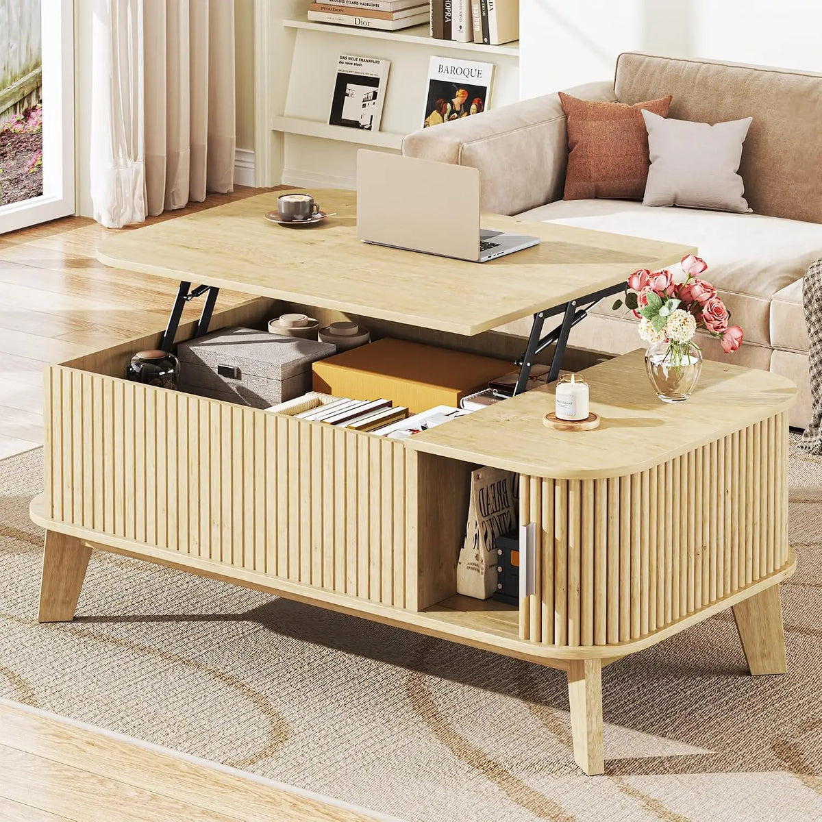 Coffee Table with Storage, 37.4" Lift Top Table for Living Room, Mid Century Modern Coffee Table with Sliding Fluted Doors